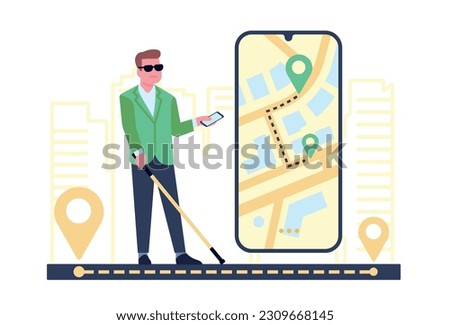 Mobile app for blind people. Smartphone online application for city navigation helps sightless man. Walking route. GPS pin icons. Disabled guy with cellphone and stick