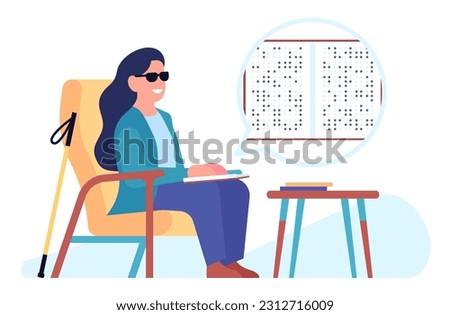 Blind woman reading Braille book at home. Disabled person sitting at armchair. Literature language for blindness. Education for handicapped people. Impaired eyesight