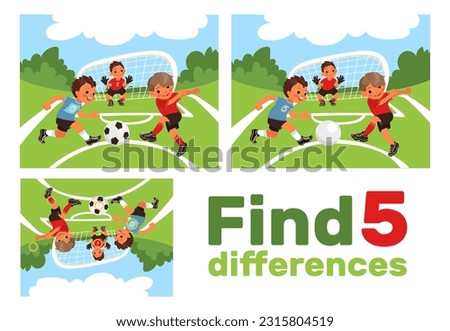 Find 5 differences. Educational game for children. Kids play football at sport playground. Worksheet with correct answer. Soccer match. Brainteaser task. Puzzle page