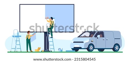 Two men paste banner on roadside billboard. People installing commercial advertising. Workers at stepladder glueing promotion placard. Marketing board. Automobile van