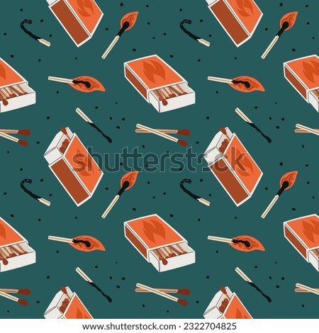 Cartoon matchsticks seamless pattern. Open matchboxes with labels. Burning and charred sticks. Repeated print. Fading straw. Match sulphur head. Cardboard box. Garish