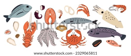 Cartoon sea food products. Ocean meal. Prawns or crabs. Marine fish. Fresh shellfish. Lobster and oyster mollusk. Cooking delicatessen ingredients. Seafood vitamins