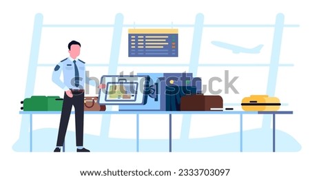 Security at airport. Guard scanning passenger luggage on special scanner. X-ray detector terminal. Officer checking suitcases. Tourist bags on conveyor. Baggage control