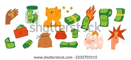 Cartoon money. Green banknotes and golden coins. Currency paper. Dollars and cents. Piggy bank. Wallet and maneki neko. Economy prosperity. Savings and investment. Garish