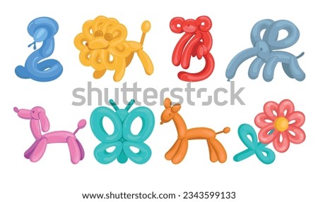 Color balloons in animals shape. Children inflatable toys. Air figures. Cartoon lion and snake. Helium inflated dog and elephant. Flower or monkey twisted forms. Splendid