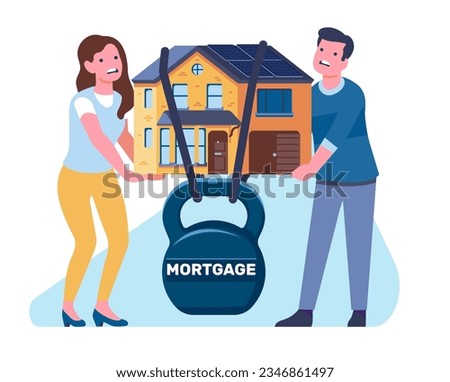 Severity of mortgage for young family. Tired guy and girl holding up their home. Weight hanging on building. Real estate loan. Overwhelming financial debt. Banking credit
