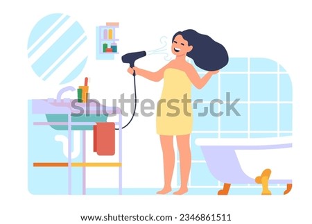 Girl dries hair with hair dryer in front of mirror. Bathroom interior. Home beauty procedure after bathing. Woman making hairstyle with hairdryer. Toilet bath and sink