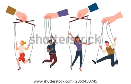 Puppeteers hands control people hanging from ropes. Trapped men or women exploitation. Marionette victim on threads. Domination authority. Abuse leadership. Vector puppet