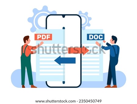 Convert Pdf to doc file. People using app on cellphone. Mobile converter technology. Men online exchange document extension formats. Smartphone application. Text remake