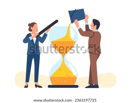 Time management. People add sand to hourglass. Businessman controlling schedule. Hour countdown. Project deadline. Man and woman with sandglass. Pouring with bucket
