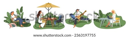 Cartoon people relax in garden. Men and women in landscaped courtyards. Cozy garden furniture or elements. Girl eating at table under umbrella. Guy with laptop or book