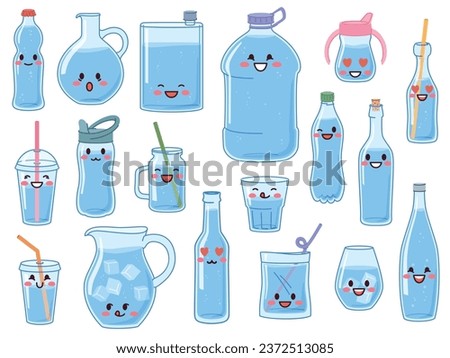 Cute water bottles. Liquid containers with happy smiling faces. Glass and plastic flasks. Ice cubes. Drinking tubes. Cup with straw. Cold beverage. Thirst quenching