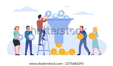 Sales funnel. Process of communicating and attracting new customers. Followers management. Generating revenue. Clients conversion to coins. Marketing vortex metaphor