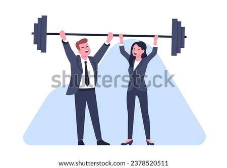 Business men and women keep weight off by working as team. Employees teamwork. Workers lifting barbell. Partnership success. People cooperation. Managers achievement