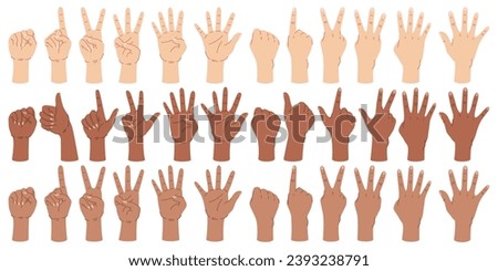 Male hands counting. Human arms with different number of fingers. International skin colors. Calculation gestures. Left or right fists. People gesturing. Score symbols