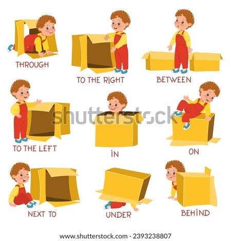 Learning prepositions with little boy. Visual educational guide. English language studying. Child with cardboard box. Grammar teaching. Kids positions demonstration