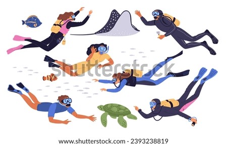 Diving people. Scuba divers with gear and balloons. Underwater swimming. Cartoon frogman. Marine animals. Ocean stingray and turtle. Man or woman with snorkeling masks