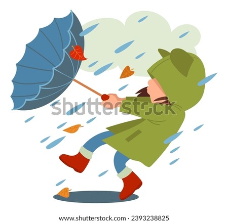 Autumn kid. Rainy October weather. Girl with umbrella. Rain and wind. Child in waterproof outerwear. Teenager walking through puddles. Autumnal downpour. Falling