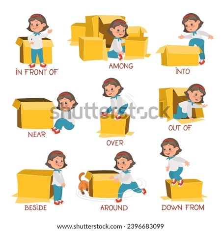 Preposition learning visual aid. Cute girl with cardboard box. Primary school education. English language studying. Grammar teaching. Kids positions demonstration