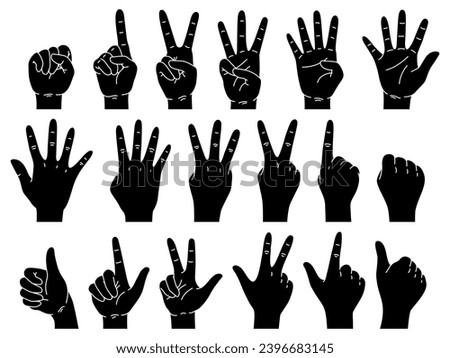 Black flat hands silhouettes counting. Keeping score with gestures. Different number of fingers. Palm and back of arm. Monochrome human fist showing. Nonverbal symbols