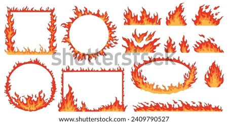 Flames frames. Different shapes of curved fires. Round, oval and square fiery borders. Hot red bonfires. Geometric burning forms. Flaming combustion. Inferno element