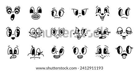 Funny retro faces. Old comic style vintage animation elements. Cartoon caricature emoji. 50s and 60s mascots. Cheerful or unhappy characters. Emotion expressions. Garish