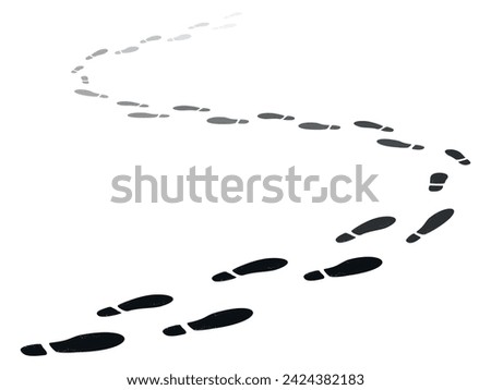 Path of shoe tracks. Walking away footsteps. Foot stamps moving beyond horizon. Soles steps going perspective. Boots footprints. Footwear imprints. Footmarks way. Recent