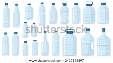 Empty plastic bottles. Transparent containers for clean drinking water. Mockups for advertising. Beverage packaging. Package shapes. Aqua storage. Disposable flasks