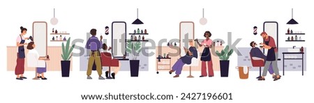 Men and women in hair salon. People get haircuts. Guys make out stylish beards. Barbershop visitors. Moustache shaving. Caring of hairstyle. Hairdressing service. Garish