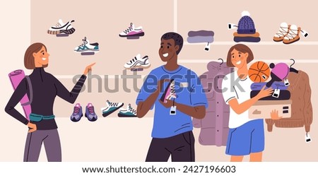 Sport store shopping. Girl chooses new sneakers. Consultant helps woman to make right choice. Running or hiking shoes. Sporting goods. Visitor buying footwear. Garish
