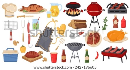 Barbecue party tools. BBQ picnic elements. Barbeque food. Summer event. Cooking beef on grill or open fire. Fish and meat steaks. Grilling vegetable pieces. Chef apron