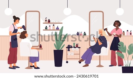 Female hair salon. Women get haircut. Hairdressers dye or dry hairdo. Professional barbers. Beauty studio. Stylists haircut with scissors. Clients on armchairs. Garish
