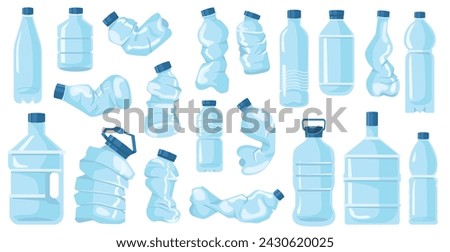 Cartoon crumpled bottles. Broken containers for drinking water. Plastic garbage. Crushed empty packages. Disposable flasks. Compressed pack. Recycling waste elements