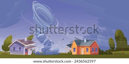 Tornado destroys houses. Natural catastrophe. Strong disaster. Destructive swirling wind. Force majeure circumstances. Dangerous hurricane vortex. Countryside landscape