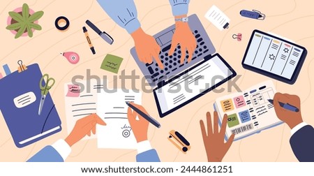 Business hands write and work with laptop. People in office draw up and sign documents. Desktop view from above. Employees planning job. Businessman workplace. Garish