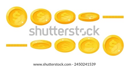Gold coin animation. Money icon flip and rotate on horizontal axis. Golden cash. Round dollar. Mobile games and apps element. Currency token turn and fall process. Vector