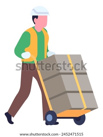 Cargo logistics. Warehouse worker moving boxes on trolley. Containers shipping. Man pushing cart with parcels in storehouse. Industrial freight delivery. Crate shipment