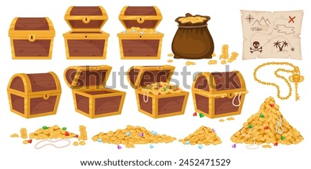 Treasure chest. Pirate wealth. Gold coins and diamonds. Corsair map. Opened and closed wooden containers. Ancient golden key. Empty and full boxes with jewelry gems