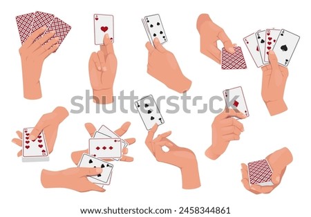 Cartoon human arms holding playing cards. Gambling luck. Vegas casino. Jackpot winning. Gaming fortune. Shuffling deck. Gamble aces. Poker hand. Entertainment club. Table