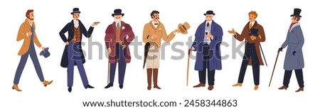 Gentlemen characters. Male persons with vintage clothing. 19th century European fashion. Aristocrats men. Victorian elegant suits. Walking cane and hat. Dandy apparel