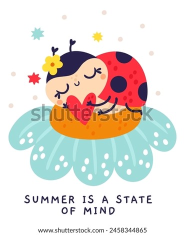 Cartoon ladybug card. Cute kids character. Beetles with polka dot. Ladybird sleeping on flower. Funny red insects dream. Children holiday. Happy flying animal. Summer