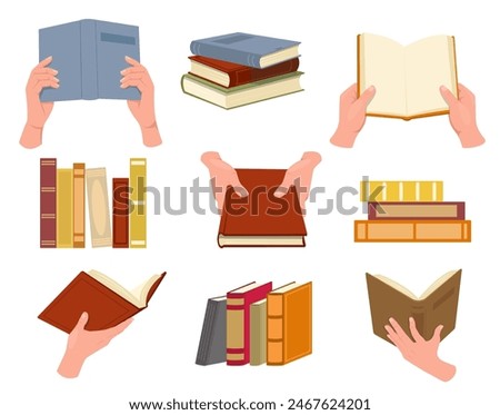 Hands with open and closed books. People carrying textbooks stack. Arms holding encyclopedia. Reading novel. Different projections. Literature lovers with volumes