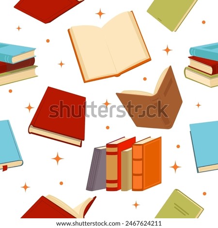 Books seamless pattern. Fiction and educational literature volumes. Repeated print. Open and closed paper pages. Textbooks stack. Hardcover leather bindings. Vector