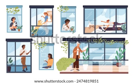 People in open windows. Neighbors in apartments doing different things. View through glass. Man caring of plants. Building terraces. Woman sitting at home windowsill