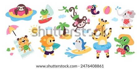 Cute animals on beach. Fauna characters with lifebuoys and surfboards. Summer holidays. Lion with ice cream. Monkey sunbathing. Giraffe in bikini. Sloth swimming. Garish