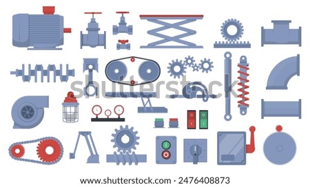 Machine parts. Different mechanical details. Metal gears. Pipe valves. Engine pump levers or hinges. Engineering equipment. Technical or robots components. Steampunk