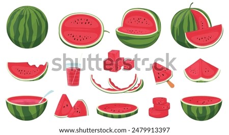 Juicy watermelon. Sweet fruit or berry. Red ripe flesh with seeds. Green peel. Tropical cocktail drink. Whole and cutting slices. Delicious cubes. Summer party vibes