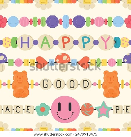 Plastic beads bracelets seamless pattern. Threads with colored different shapes of pearls. Craft necklaces. Repeated print. Funky jewellery. Girls bijouterie. Recent