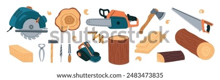 Woodworking tools. Carpentry items and wood industry materials. Timber beams. Hardwood planks or stumps. Electric saw. Plane and axe. Woodcutter equipment. Chopped boards