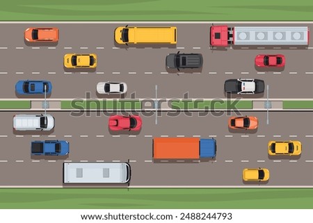 Road interchange traffic top view. City street with cars. Straight three lane highway with broken line markings. Transport speed moving. Urban automobile transportation